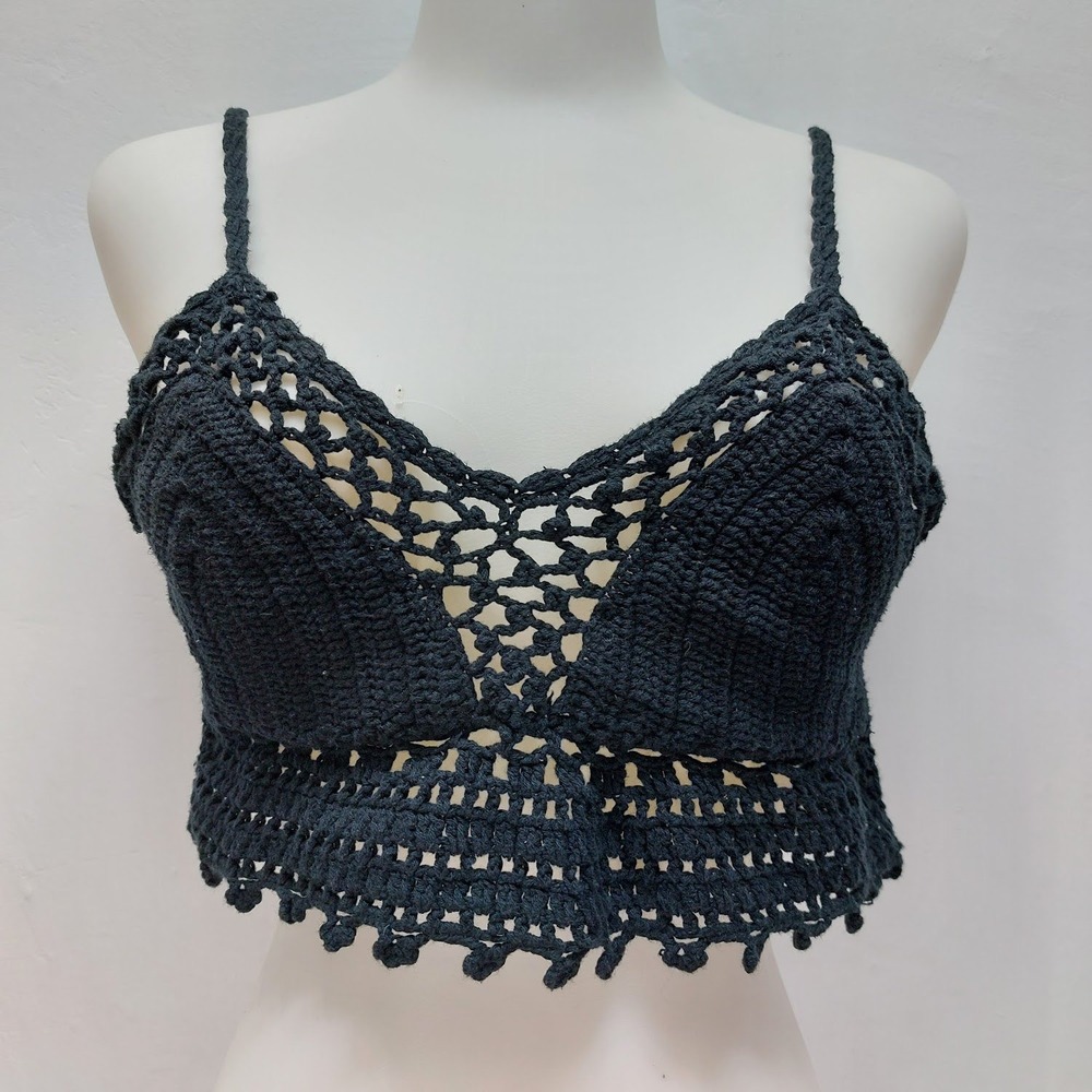 Ecote Crochet Crop Top Women's Small Black Boho Festival Side Button Knit Summer